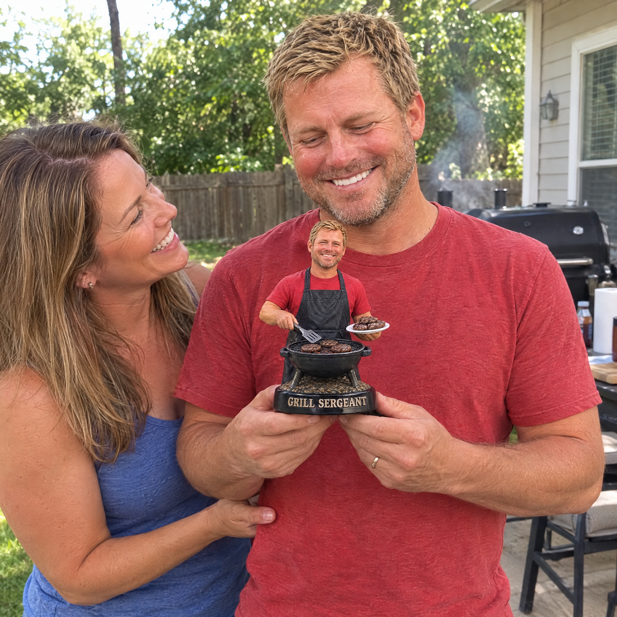 His wife gives him the tailgate grill master figurine in their backyard by the grill