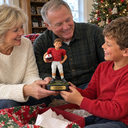 Grandparents give the youth football player figurine to their grandson at Christmas