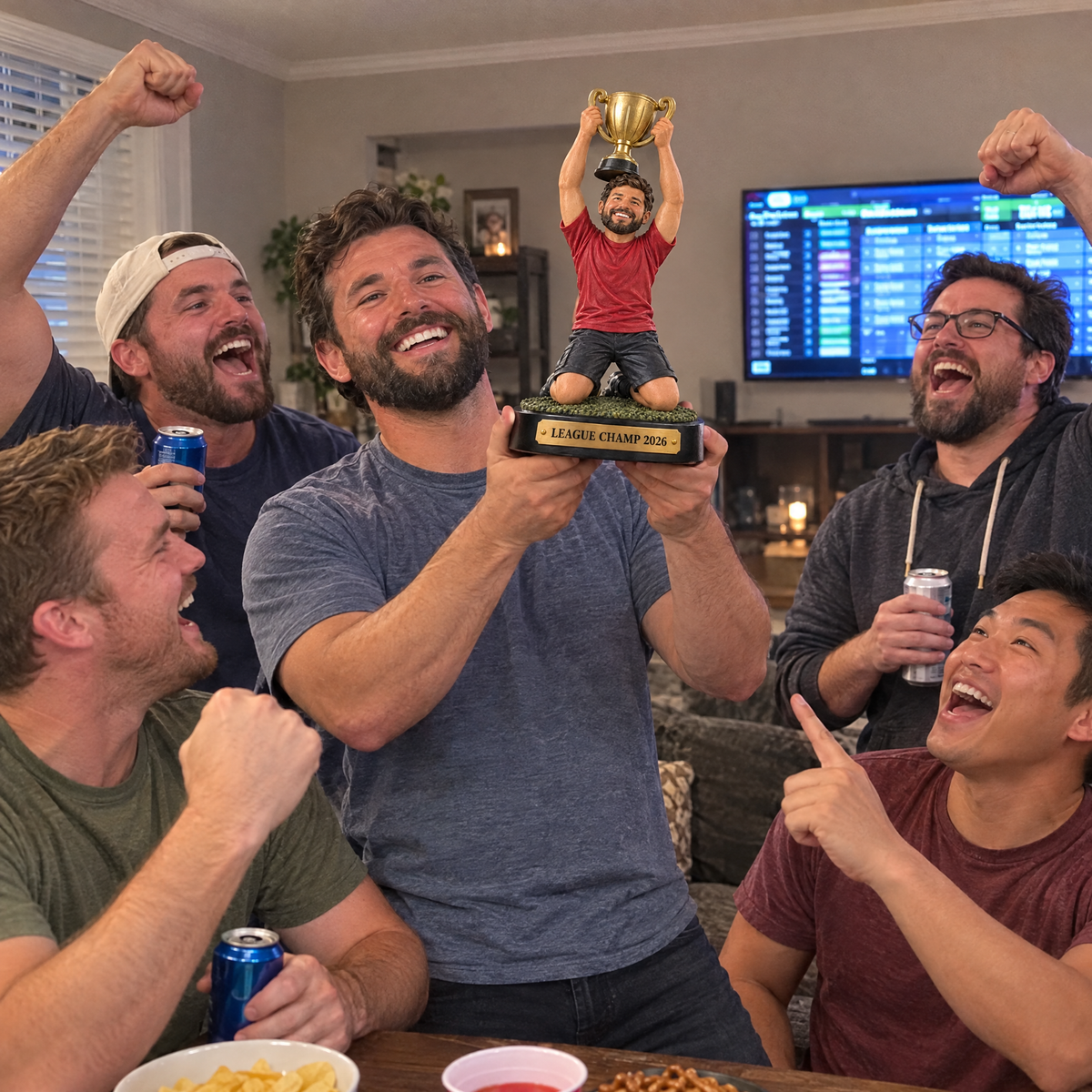 League buddies present the fantasy football champion trophy at the draft party