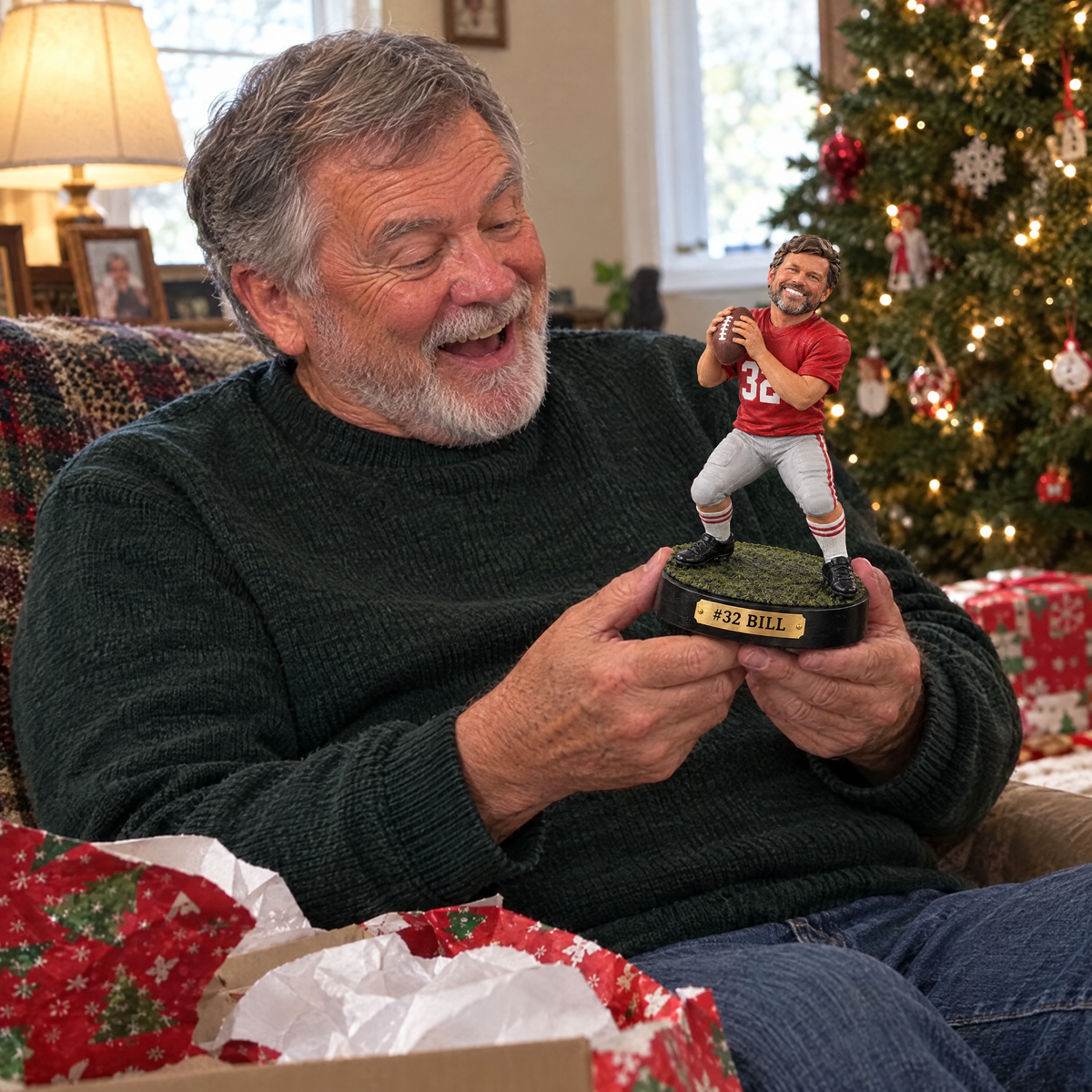 Grandpa opens the realistic football figurine at Christmas