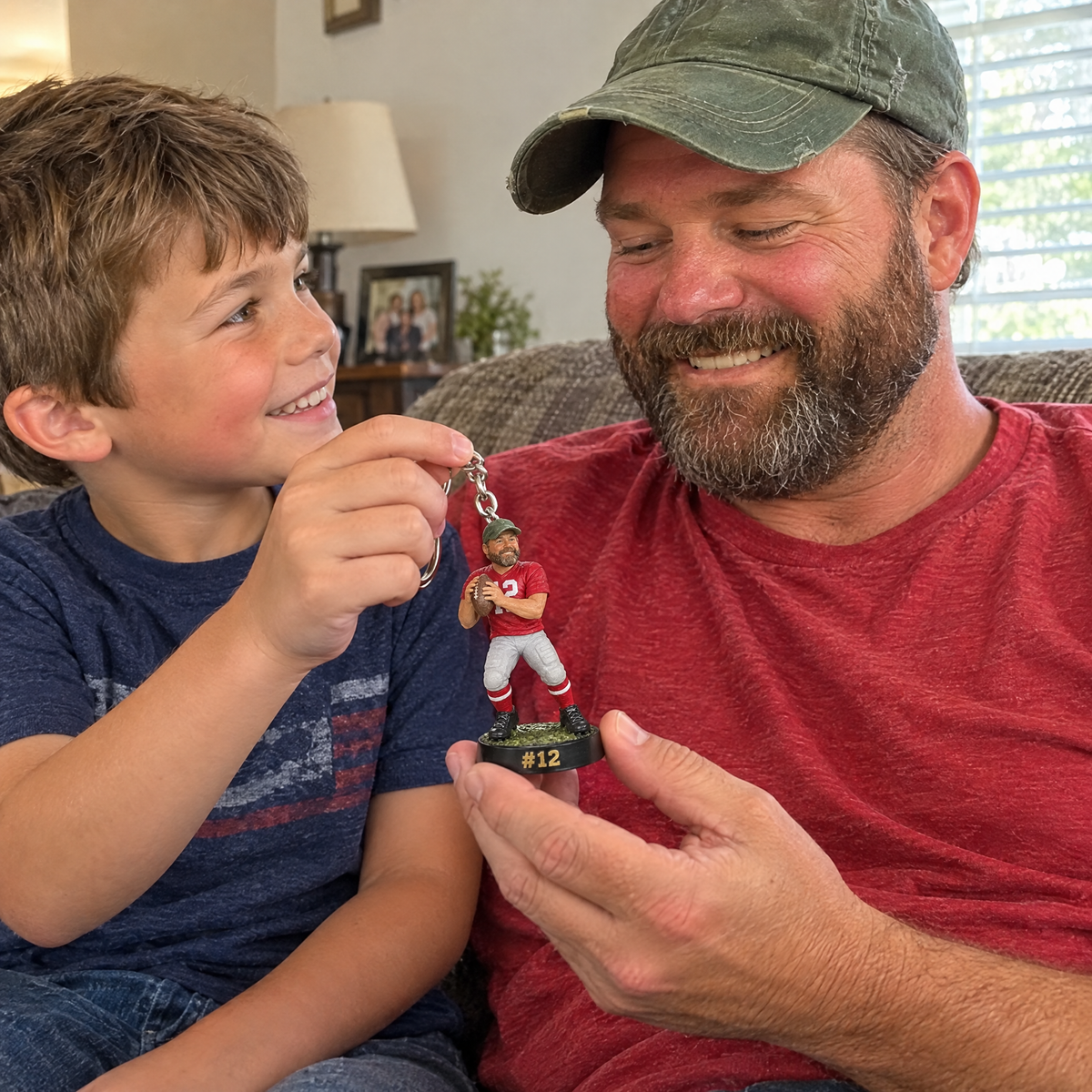 His son gives him the football player keychain on Father's Day