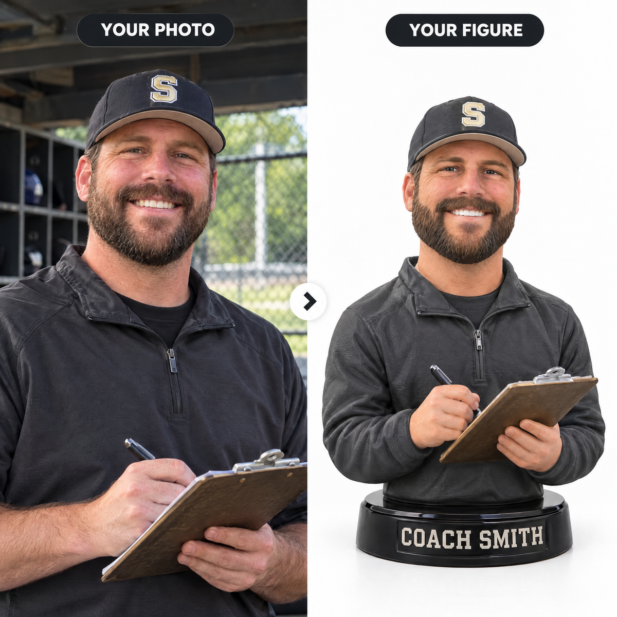 Customer photo turned into baseball coach photo figurine COACH SMITH