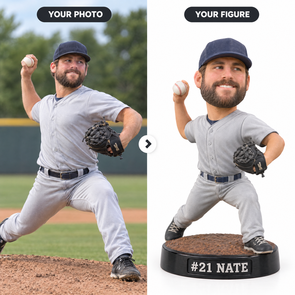 Customer photo turned into baseball pitcher photo figurine #21 NATE