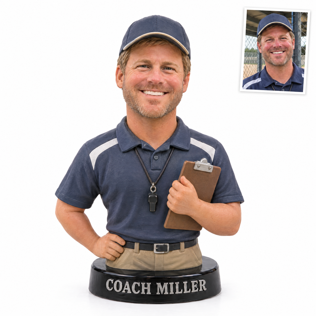 Baseball coach photo figurine, COACH MILLER, customer photo top right