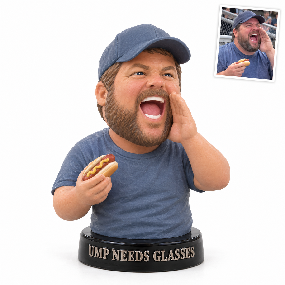 Funny big-head baseball dad figurine, UMP NEEDS GLASSES, customer photo top right