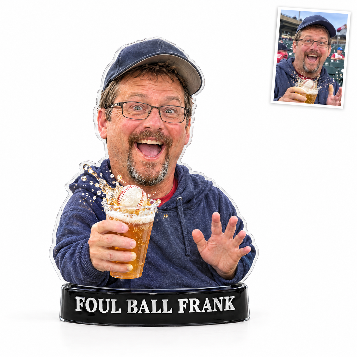 Acrylic fridge magnet: Funny big-head baseball dad figurine, FOUL BALL FRANK