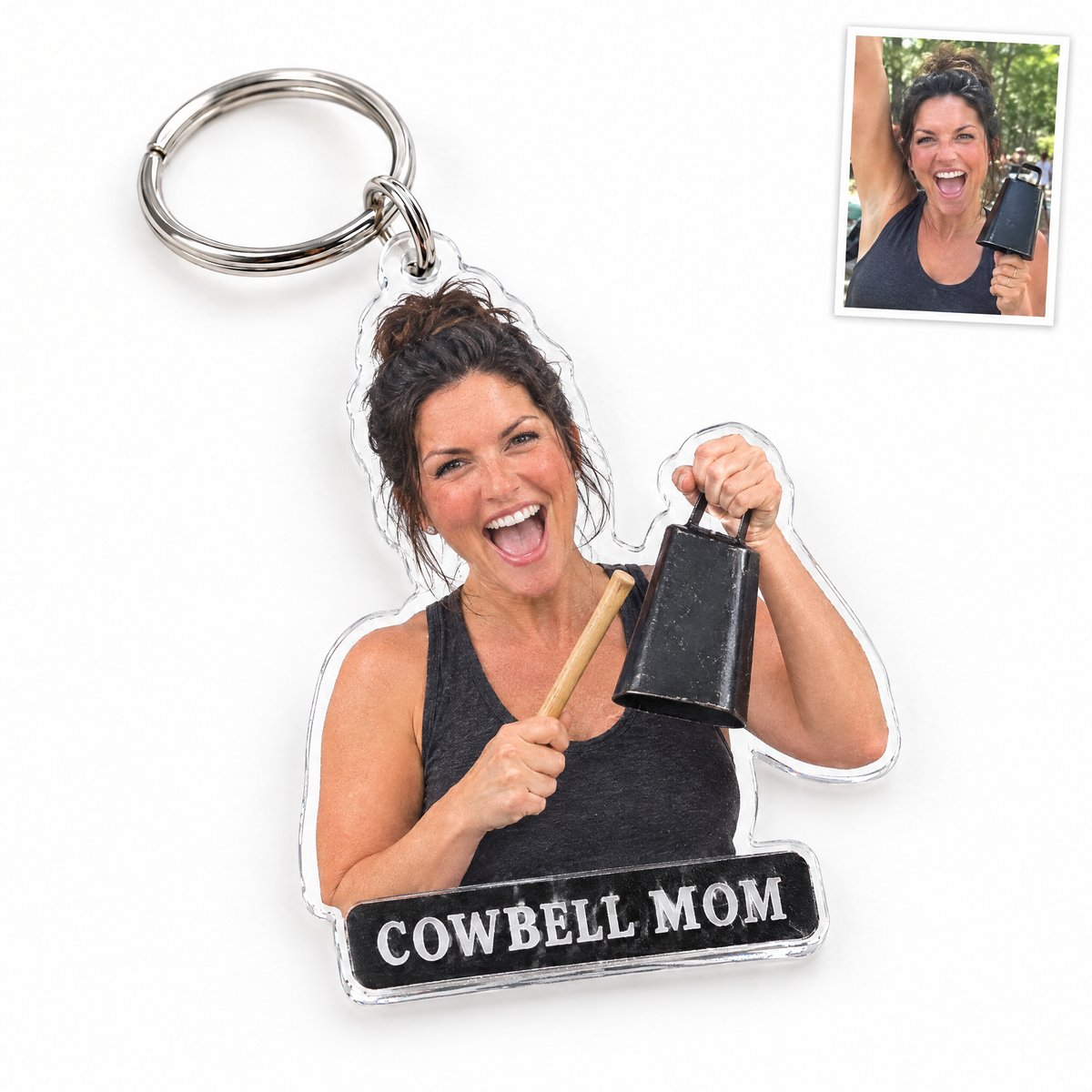 Acrylic keychain: Funny big-head baseball dad figurine, COWBELL MOM