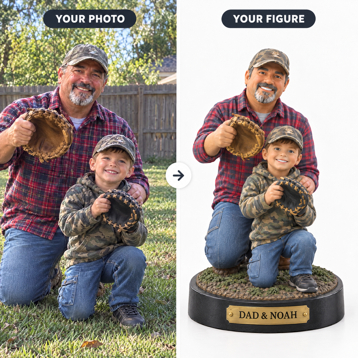 Customer photo turned into father and son baseball figurine DAD & NOAH