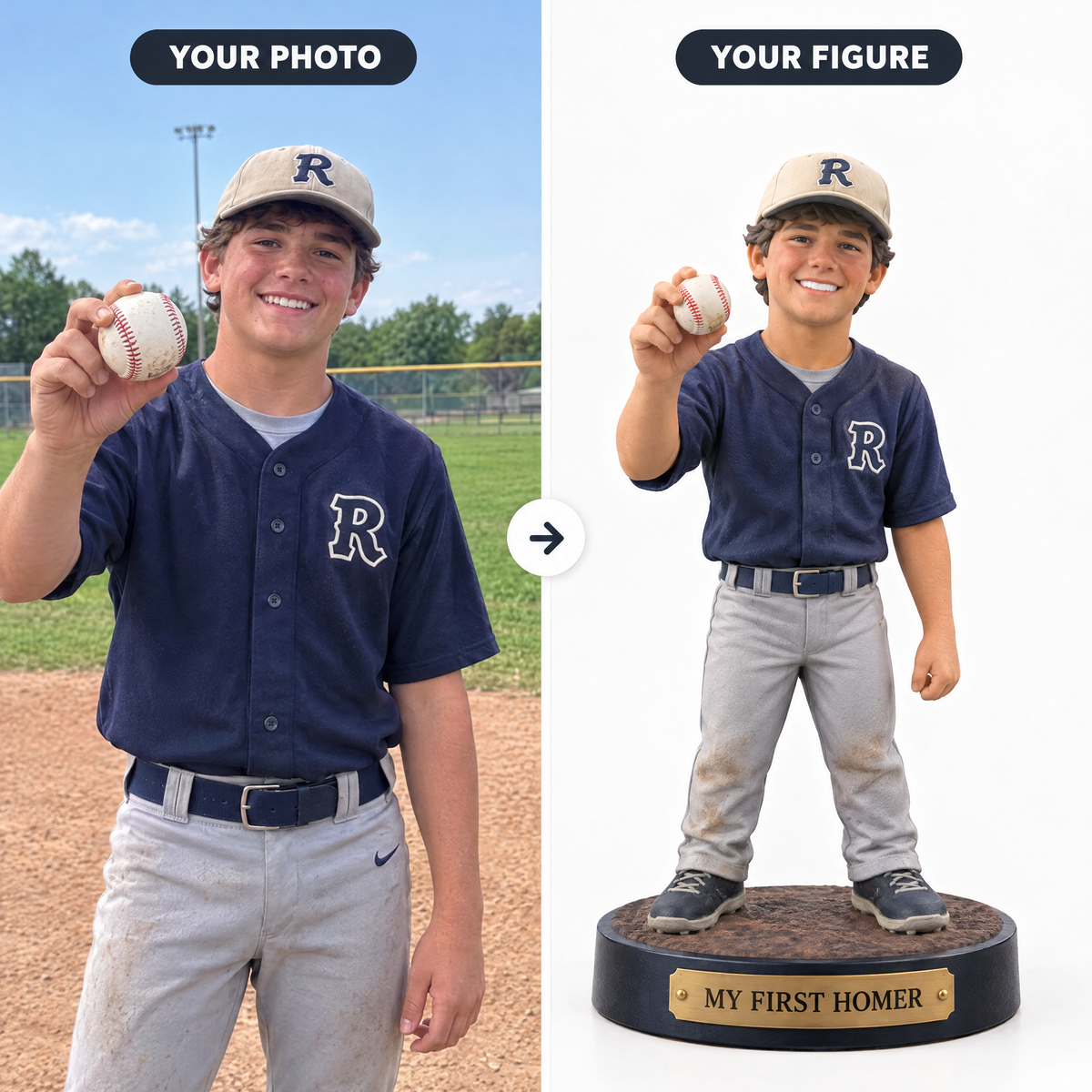 Customer photo turned into home run trophy figurine MY FIRST HOMER