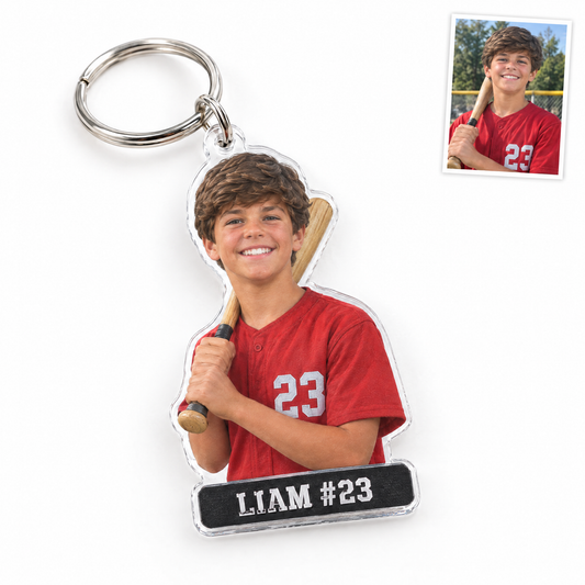 Baseball bag tag keychain, LIAM #23, customer photo top right