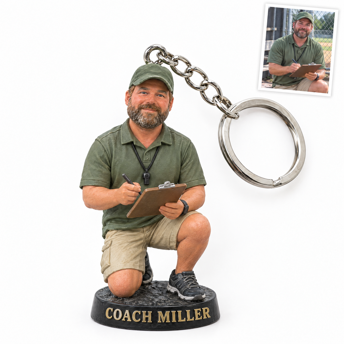 Baseball coach keychain, COACH MILLER, customer photo top right