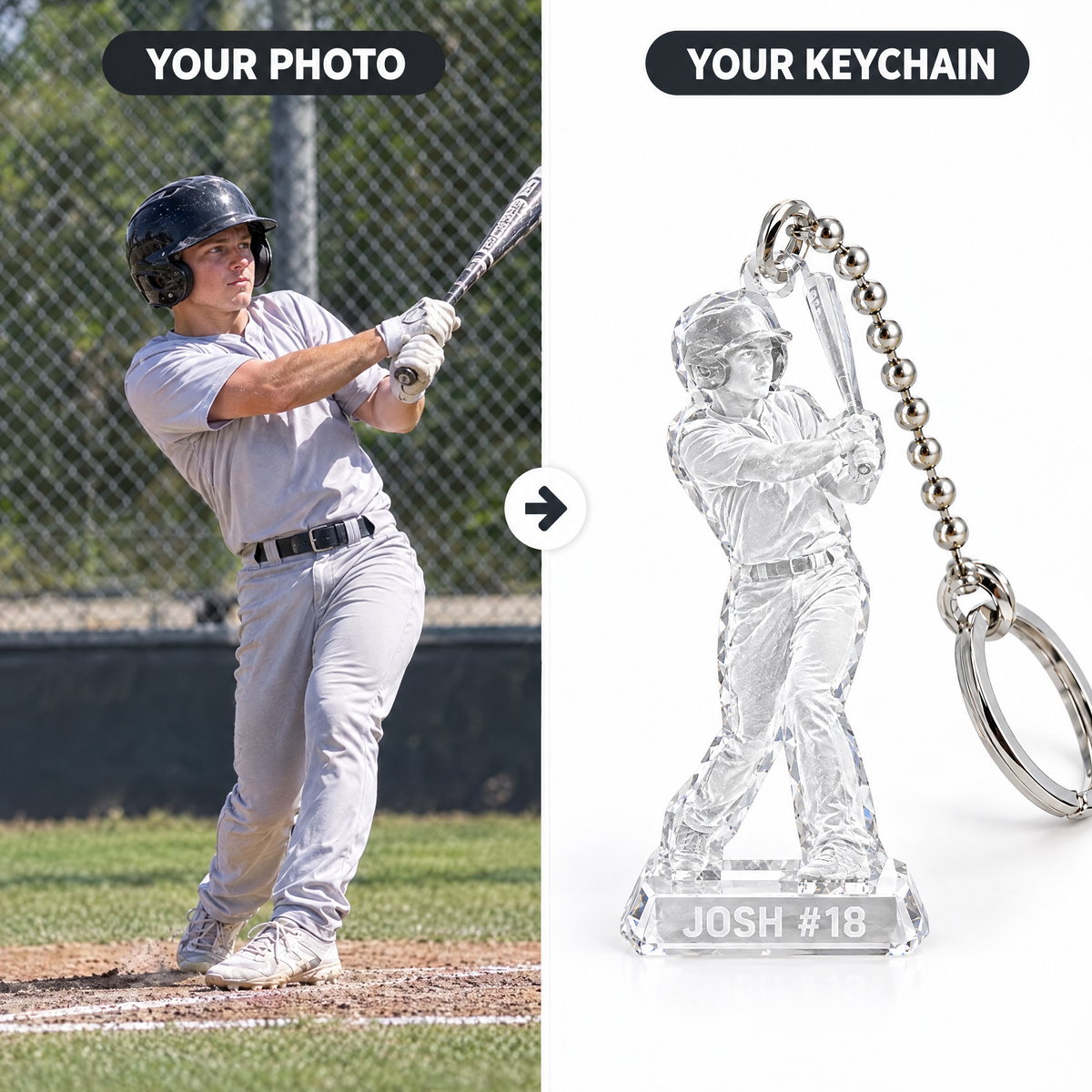Customer photo turned into crystal-style baseball keychain JOSH #18