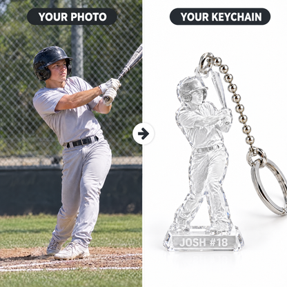 Customer photo turned into crystal-style baseball keychain JOSH #18