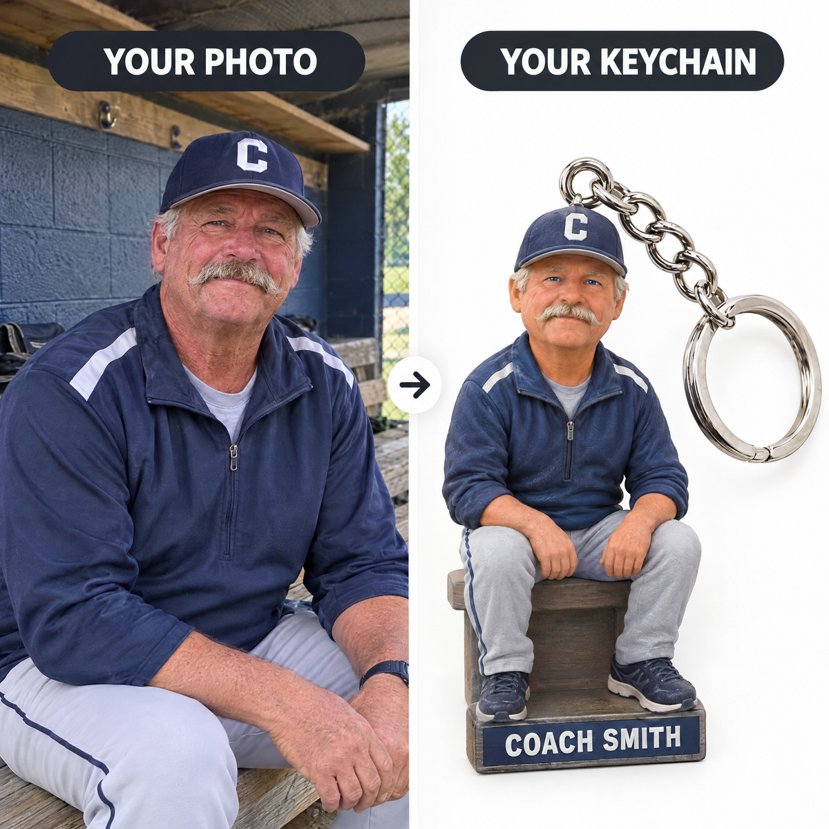 Customer photo turned into baseball coach keychain COACH SMITH