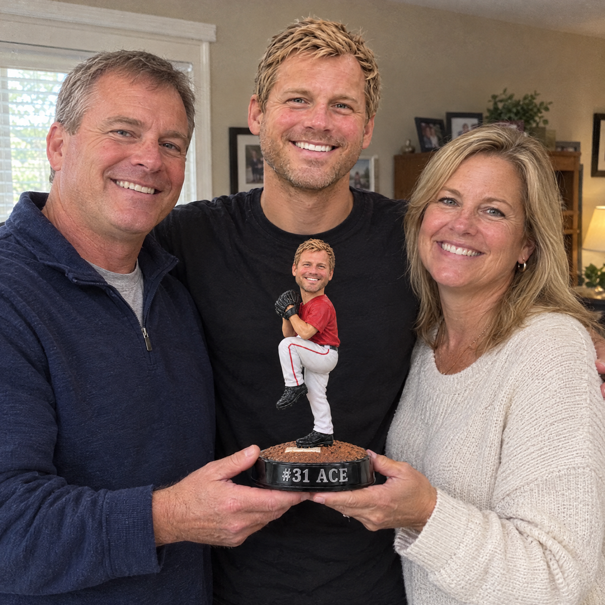 His parents give him the baseball pitcher figurine at his senior night