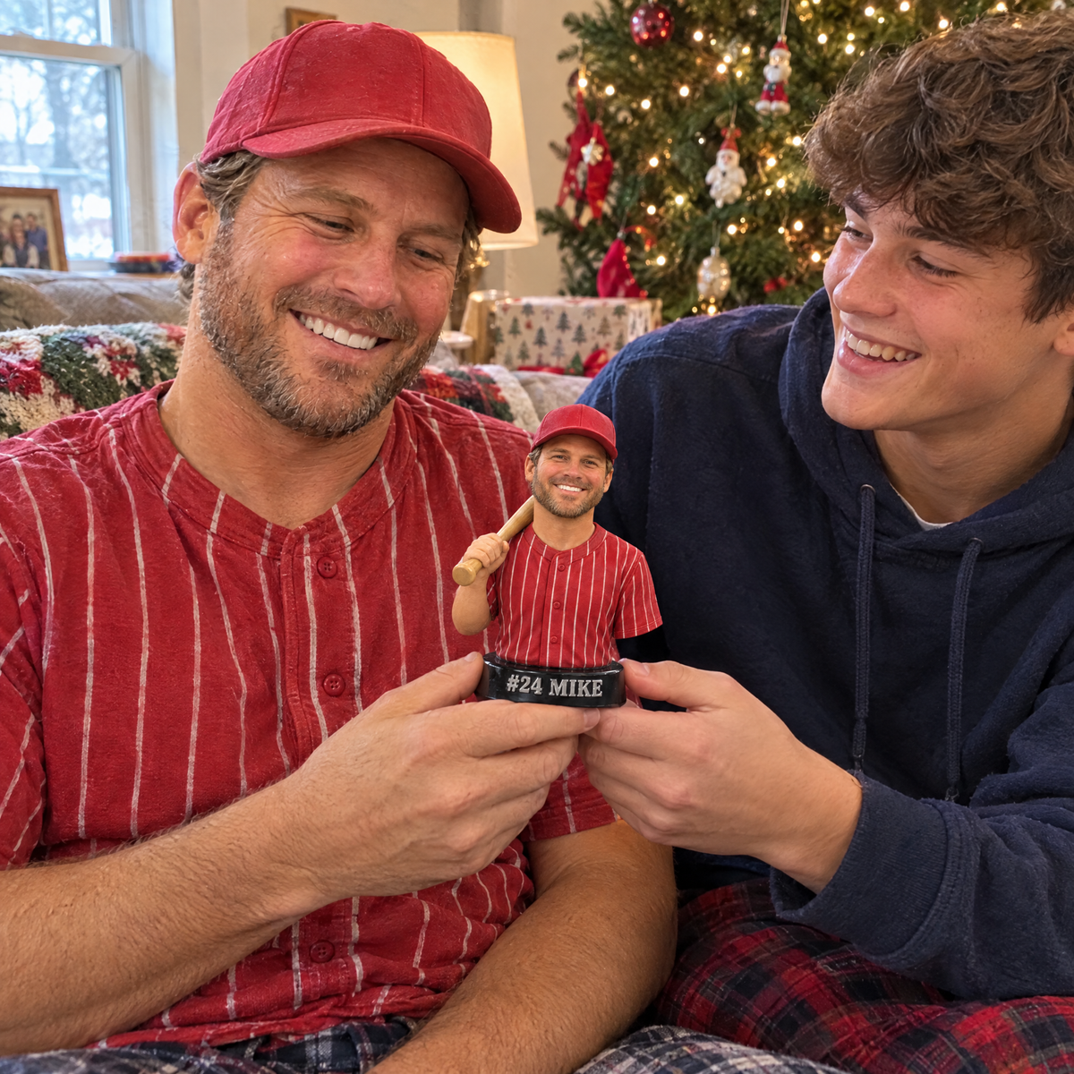 His teenage son gives him the baseball player figurine at Christmas
