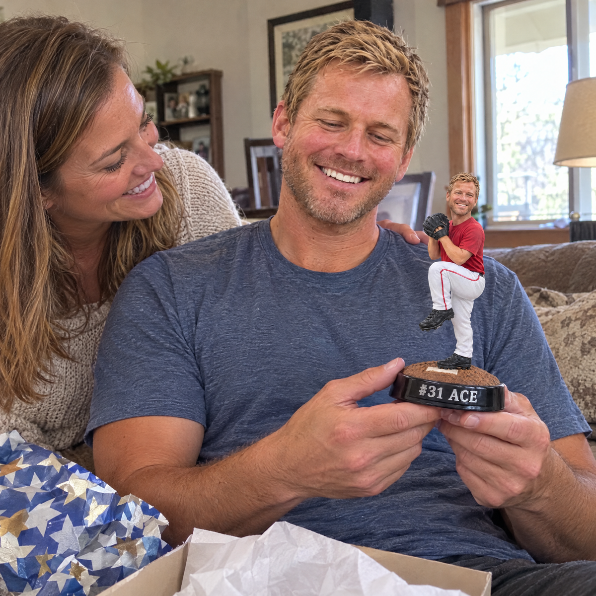 His wife gives him the baseball pitcher figurine on his birthday
