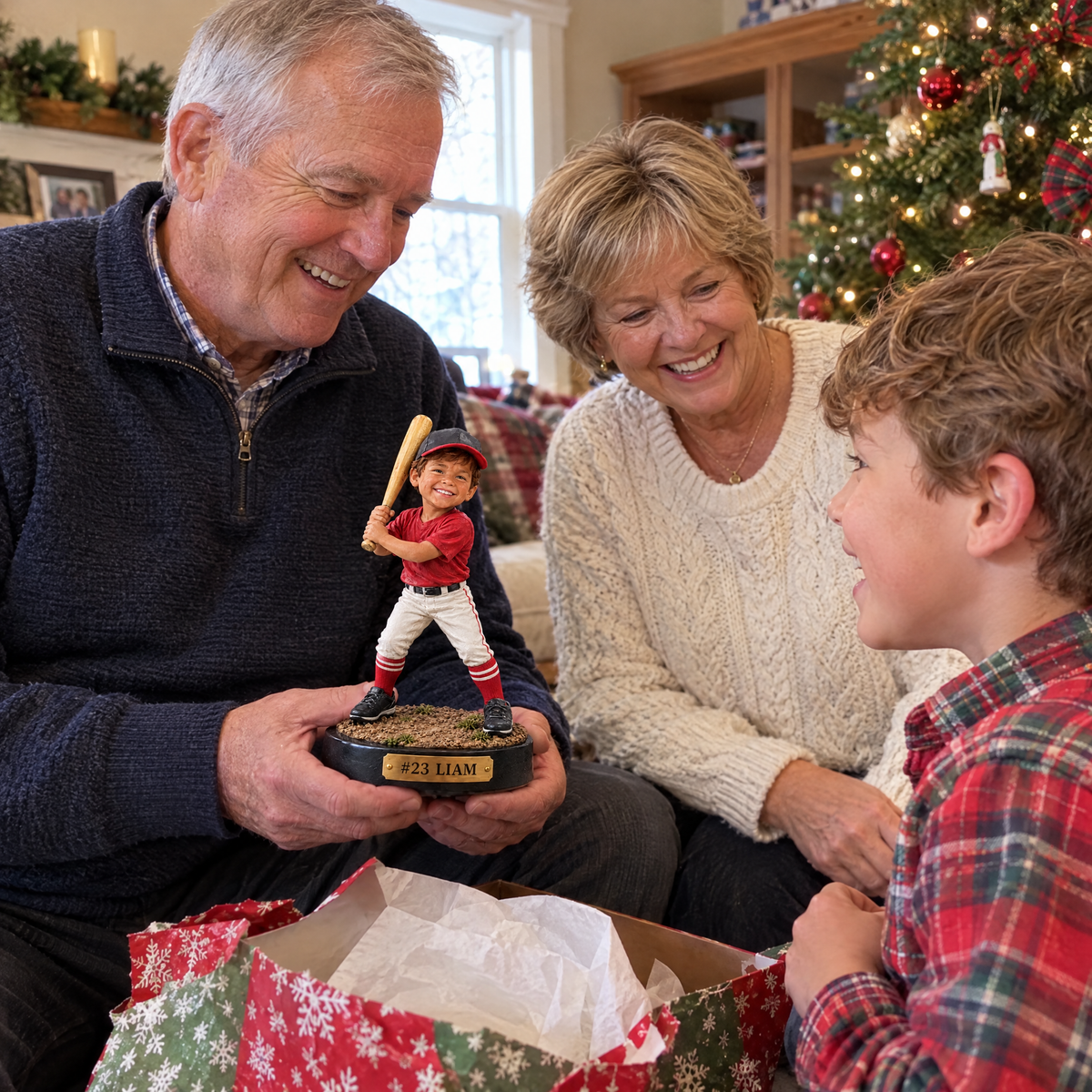 Grandparents give the Little League figurine to their grandson at Christmas