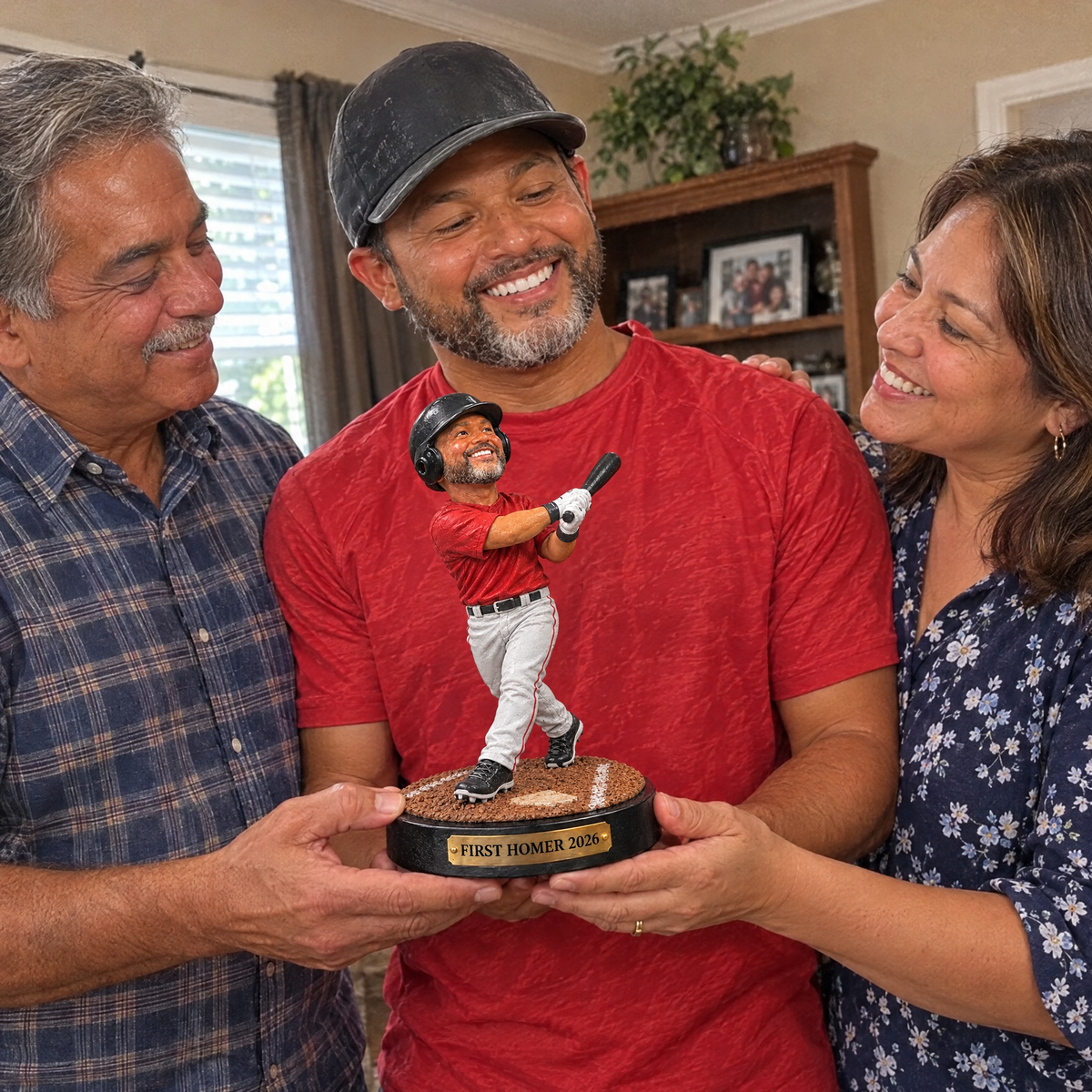 His parents give him the home run trophy figurine at the end-of-season party