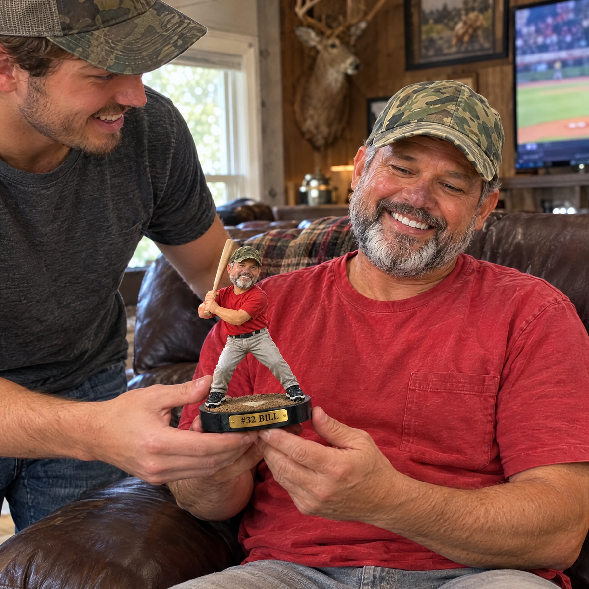 His son gives him the realistic baseball figurine in the man cave