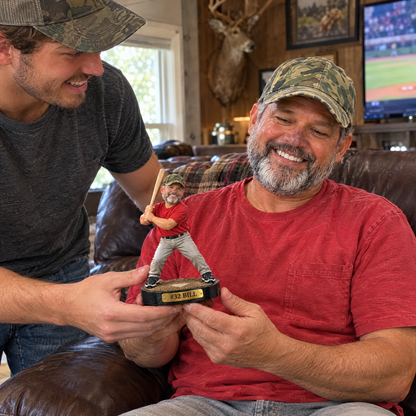 His son gives him the realistic baseball figurine in the man cave