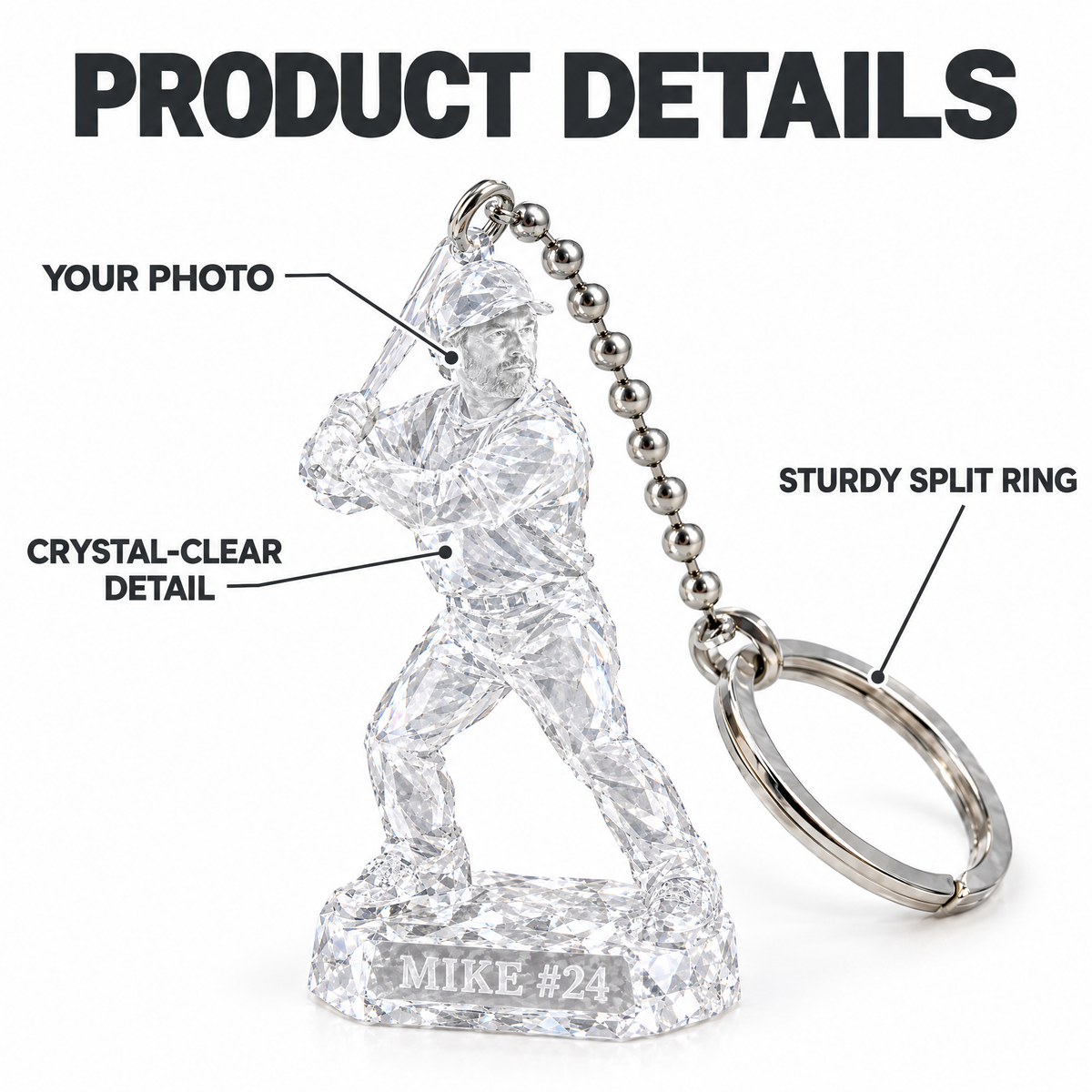 Crystal-style baseball keychain product details