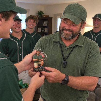 The team gives the baseball coach keychain to their coach at the party