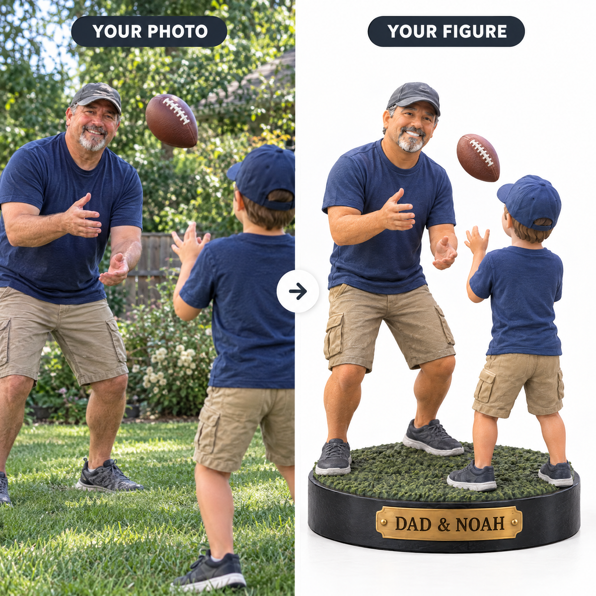 Customer photo turned into father and son football figurine DAD & NOAH