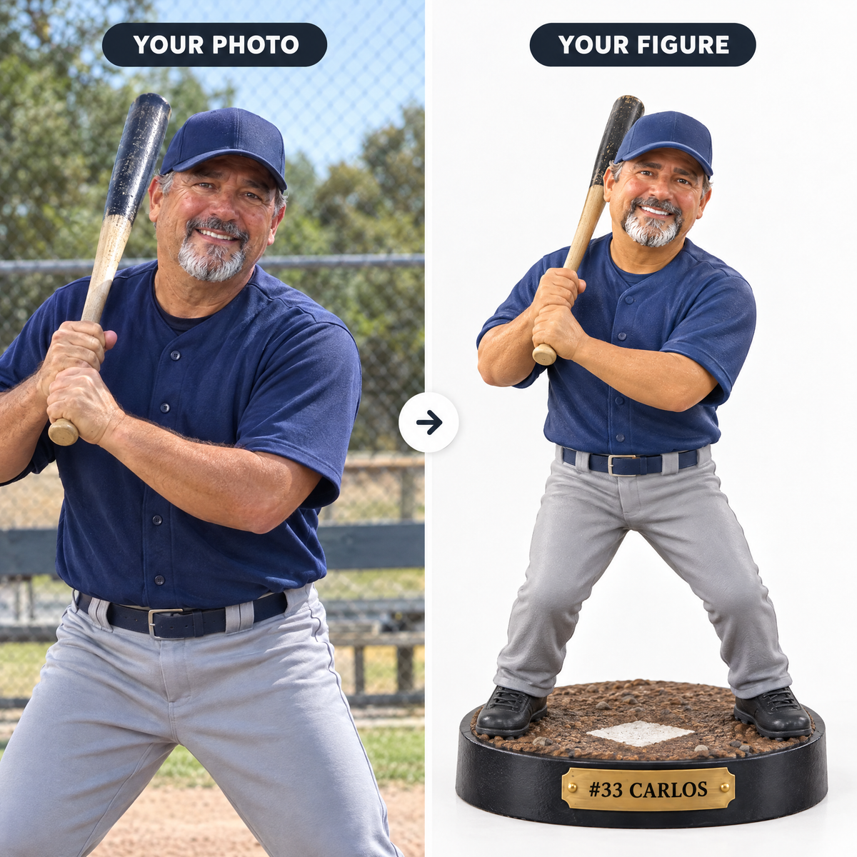 Customer photo turned into realistic baseball figurine #33 CARLOS