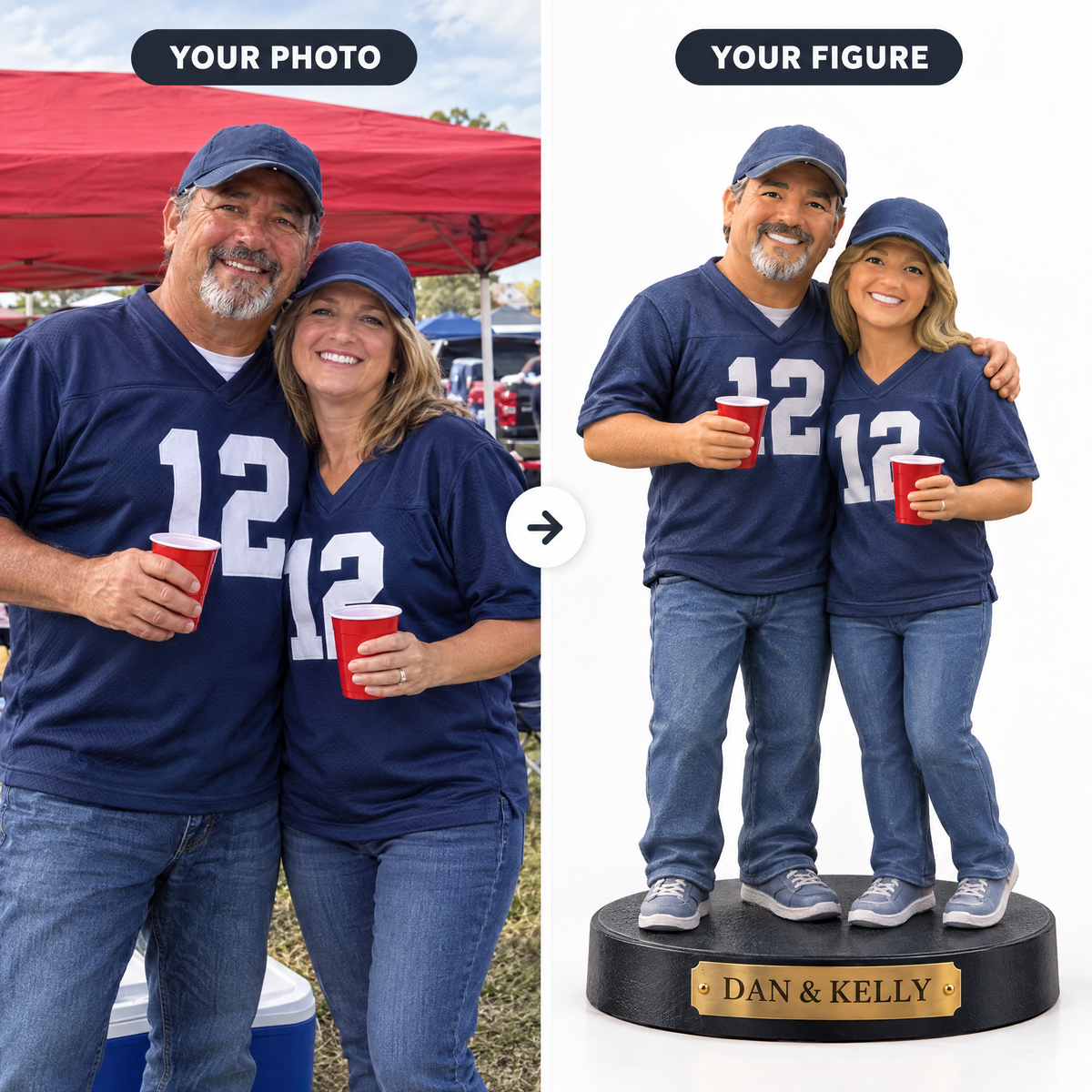 Customer photo turned into football couple figurine DAN & KELLY