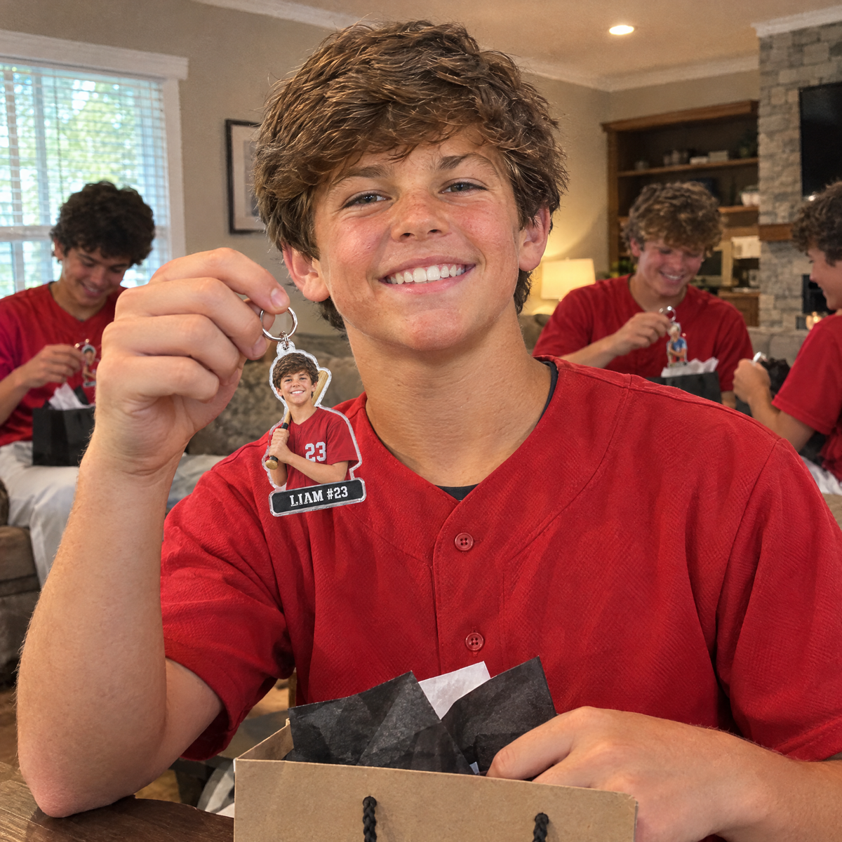 Teammates get the baseball bag tag keychains at the team party