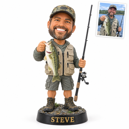 Custom caricature fisherman figurine with bass, name STEVE, customer photo inset
