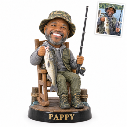Caricature fishing figurine style 8, grandpa in rocking chair with catfish PAPPY, original customer photo top right