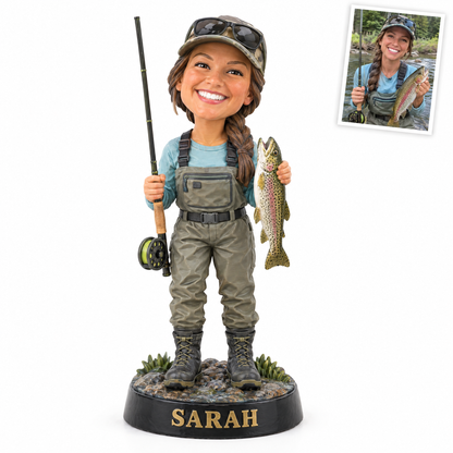 Woman fly angler caricature figurine with trout, name SARAH