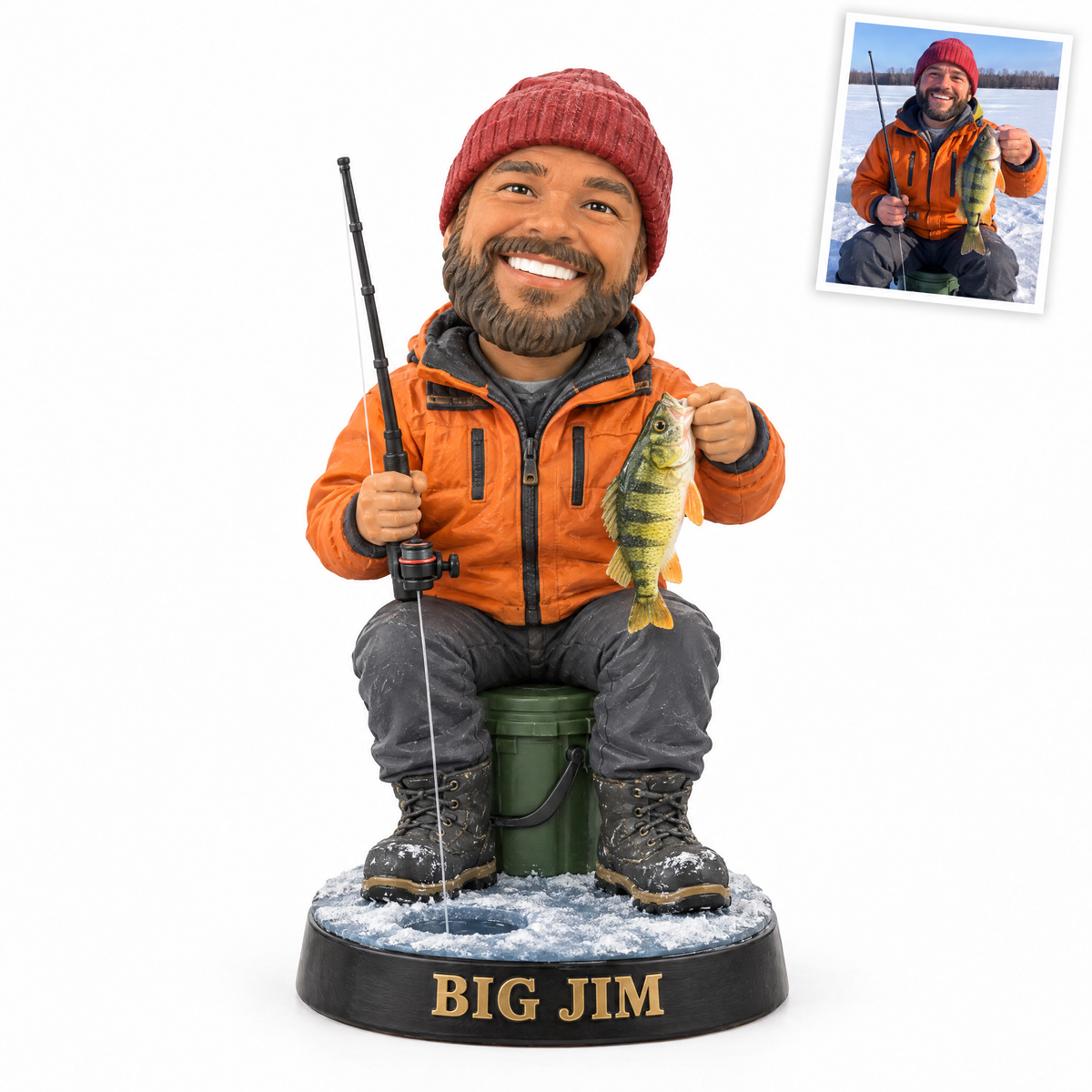 Ice fishing caricature figurine with perch BIG JIM, original customer photo top right