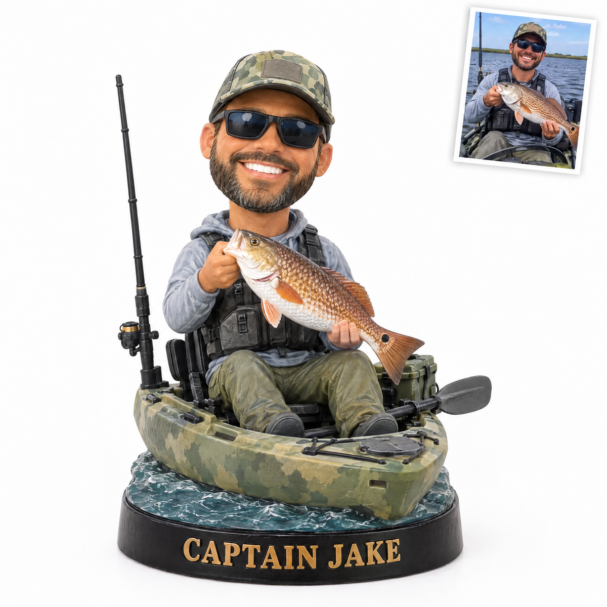 Caricature fishing figurine style 6, kayak angler with redfish CAPTAIN JAKE, original customer photo top right
