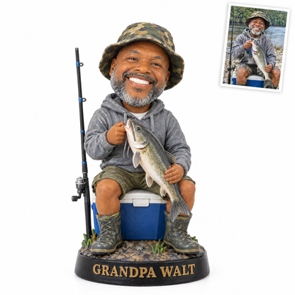Grandpa on cooler with catfish caricature figurine GRANDPA WALT, original customer photo top right