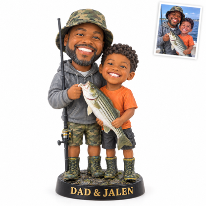 Father and son caricature figurine with striped bass, DAD & JALEN