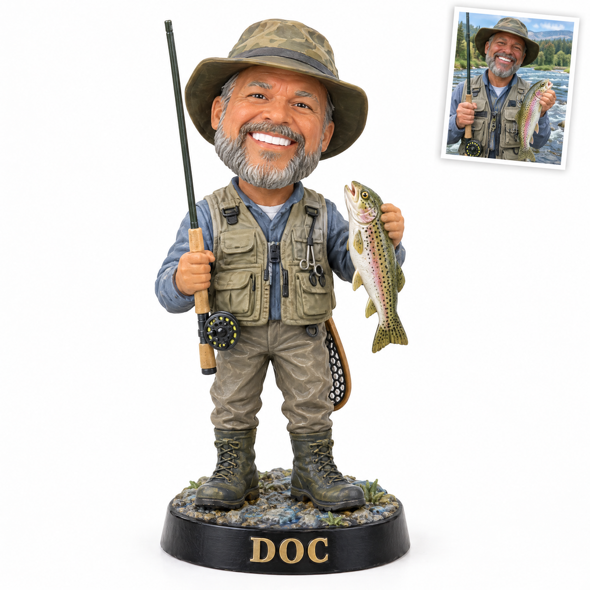 Caricature fishing figurine style 11, fly fisherman DOC, original customer photo top right
