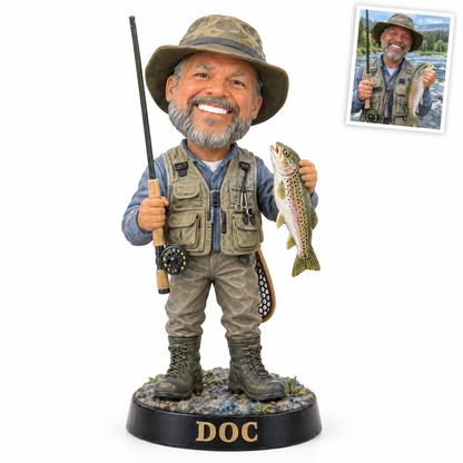 Caricature fishing figurine style 11, fly fisherman DOC, original customer photo top right