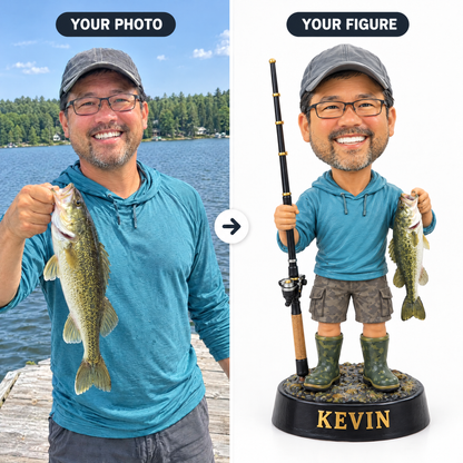 Customer fishing photo turned into caricature figurine KEVIN