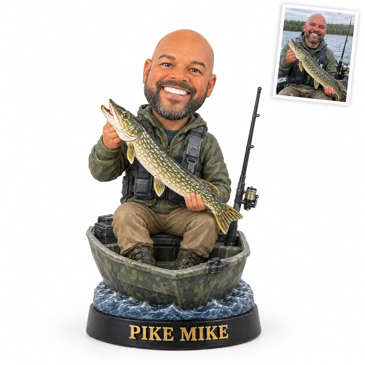 Caricature fishing figurine style 13, boat angler with northern pike PIKE MIKE, original customer photo top right