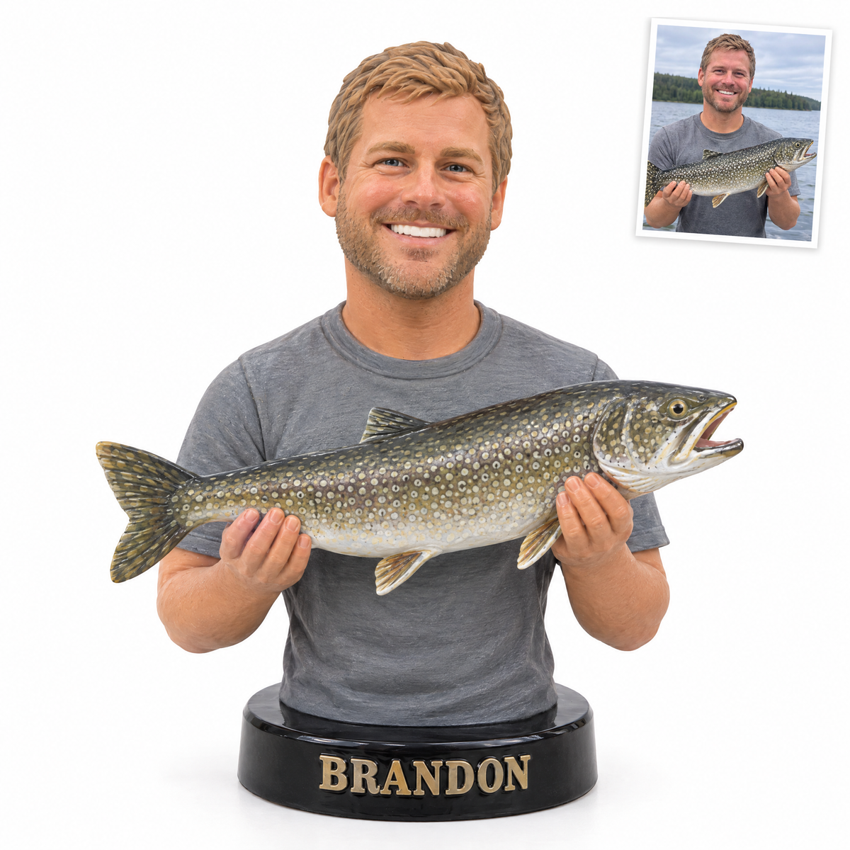 Face photo big catch bust figurine with lake trout, name BRANDON