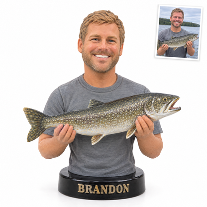 Face photo big catch bust figurine with lake trout, name BRANDON