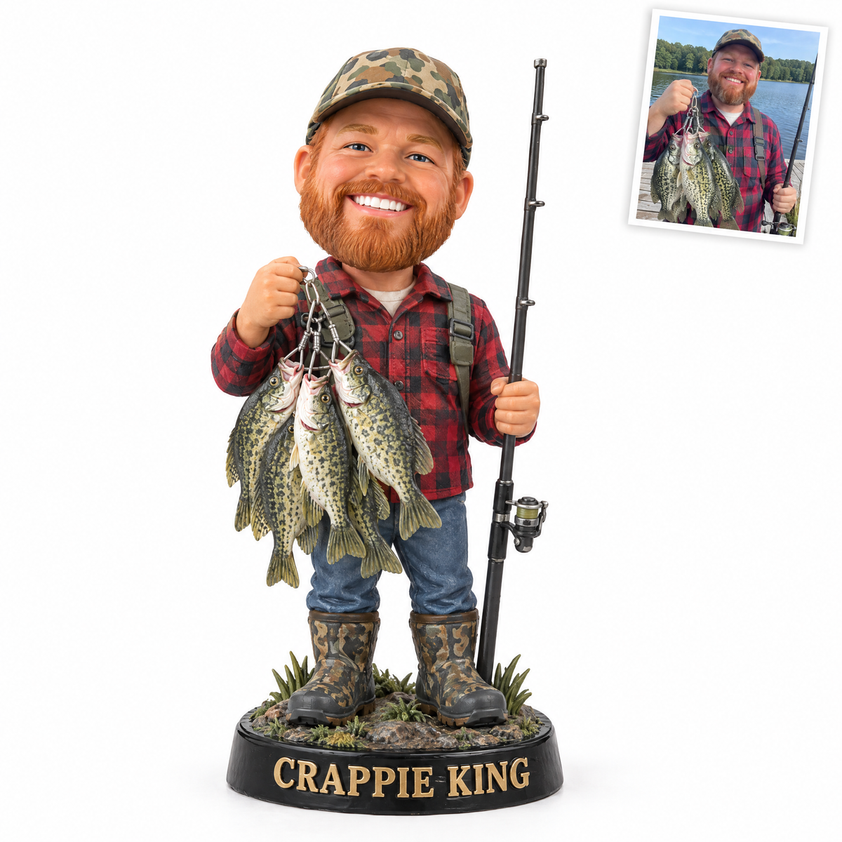 Caricature fishing figurine style 12, angler with crappie stringer CRAPPIE KING, original customer photo top right
