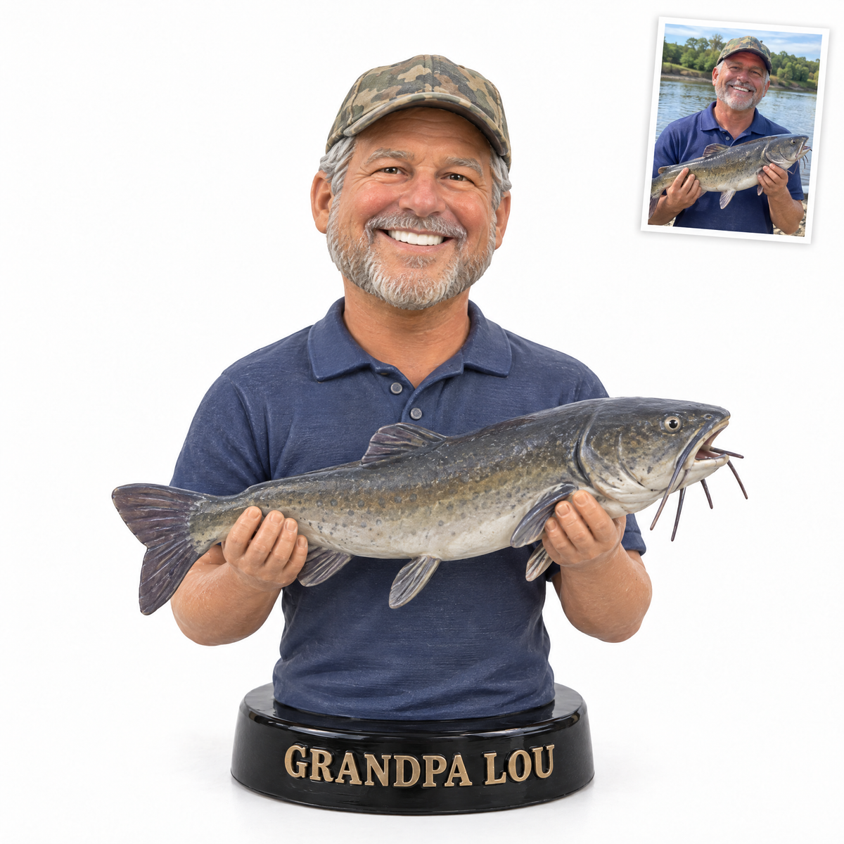 Grandpa bust figurine holding catfish, name GRANDPA LOU