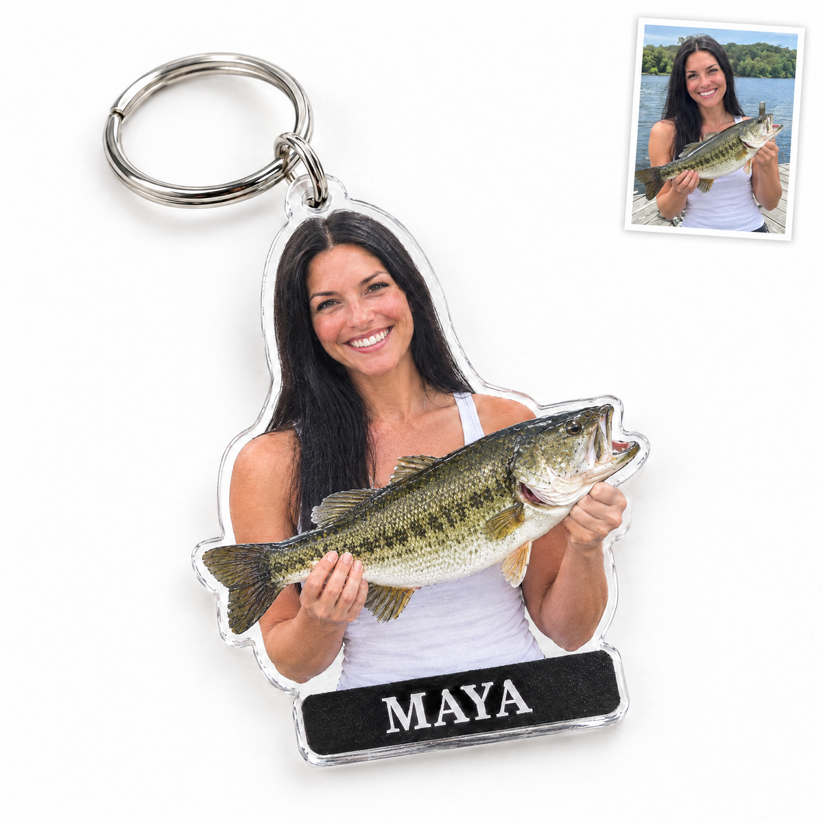 Acrylic keychain of woman holding bass, name MAYA