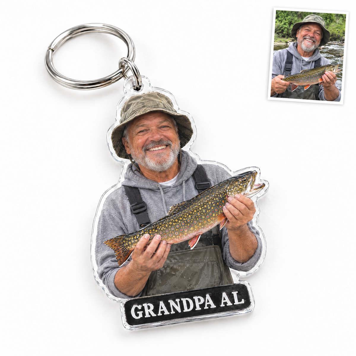 Acrylic keychain of grandpa with brook trout, GRANDPA AL