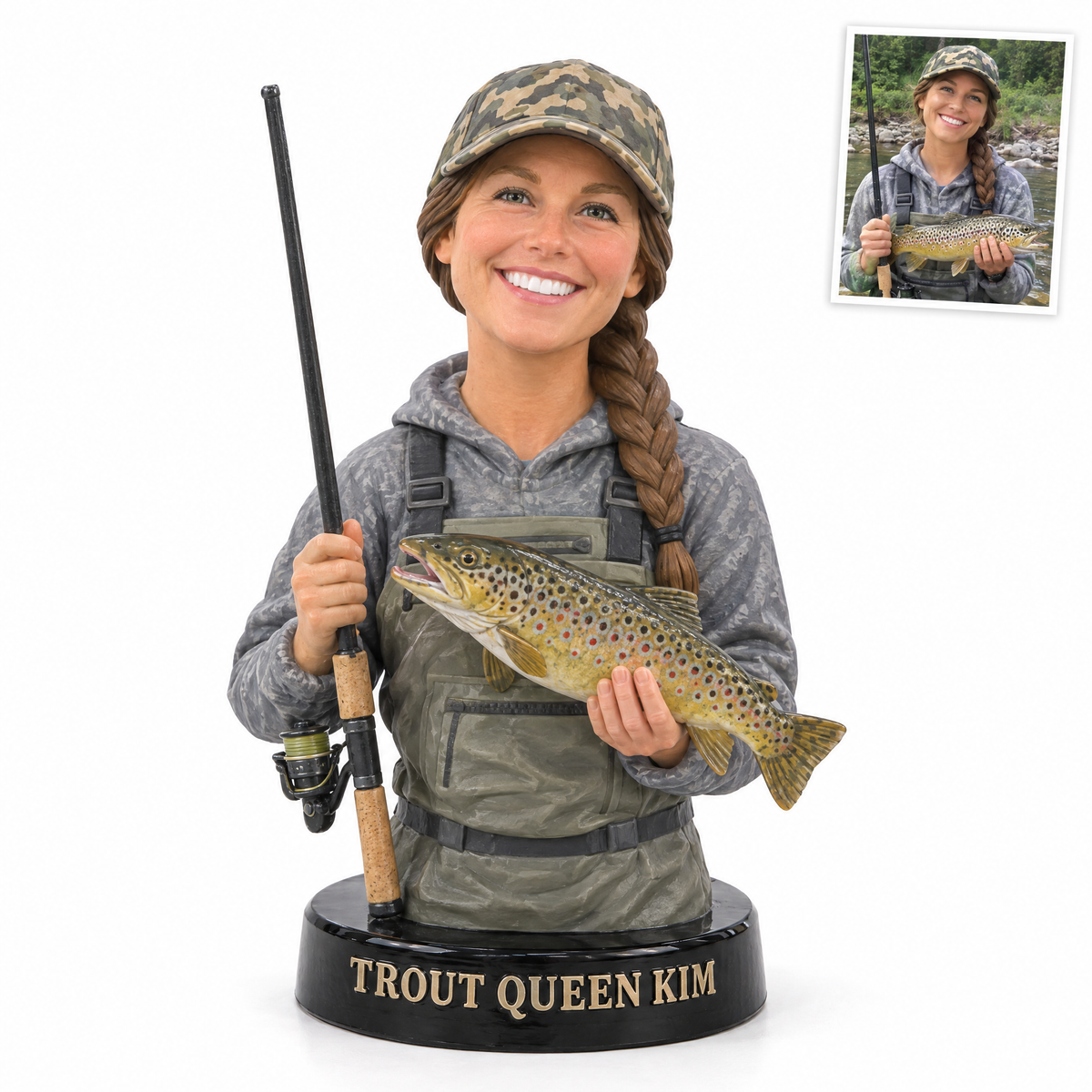 Woman angler bust figurine with brown trout, TROUT QUEEN KIM