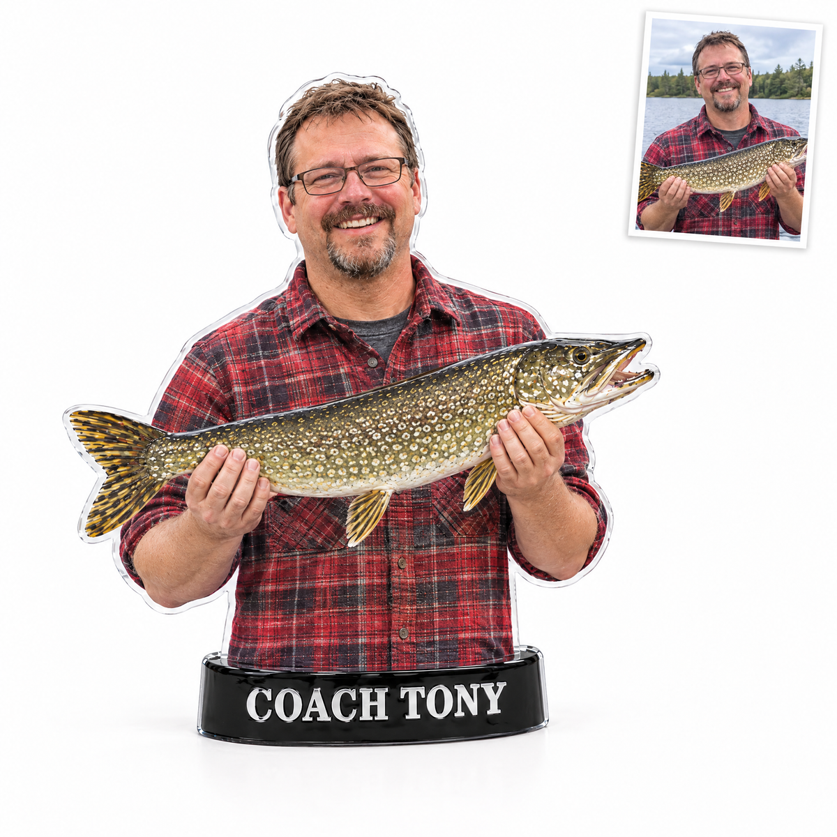 Acrylic fridge magnet of man holding pike, name COACH TONY